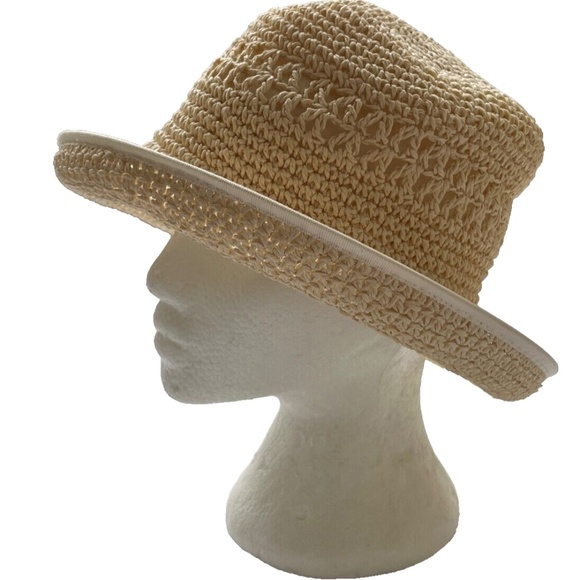 Emanuel Geraldo Hat Paper Straw Brim Packable One Size Beige Crochet Look - Picture 2 of 5